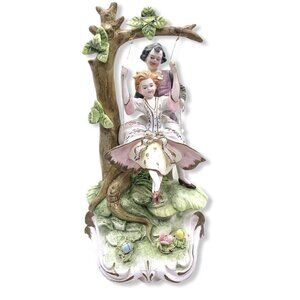 Antique Italian Capodimonte Porcelain Boy Girl on Swing Large Figurine Trademark